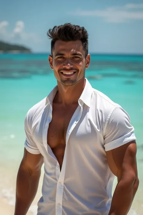 1 man, handsome, smile showing teeth, (Indonesian, white shirt), Indonesian man, chest muscle, big arm muscle, blood vessels, Big muscle, Broad shoulders, looking at the audience, Balancing eyes, beach background With coral. Looks real like the result of a...