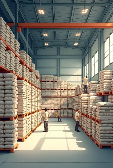 image illustrative dun magasin de stockage de riz importé emballé en sacs de 50 kg. Image en mode paysage.