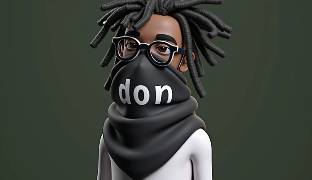 Create it in 3D identical to the one in the image   ,  A slender African artist with short dreadlocks and his face is also thin and his mouth covered with a black scarf on which he puts : DON in White   ! And he wears Hip Hop-style Black Glasses !