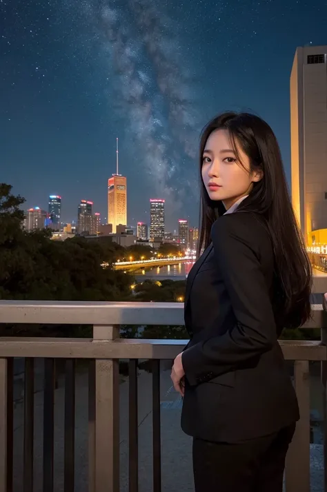 Asian Women、Night City、The night view is reflected in the brown eyes with the World Heritage site in the background 、Long black hair、茶色の瞳に夜景が反射してる、 face up、High image quality、 as in the picture 、 black pant suit 