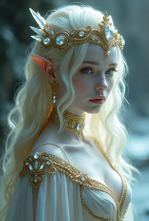 Alien Female Crystal Elf Humanoid white skin Blonde wave hair Kinmokian Etherian Pleaidian Sakura Crystallix Young Haseki Sultana Majestrix Astaría Thalassin II wearing an imperial dress with imperial cape and tiara imperial crystal gemstone headband with ...