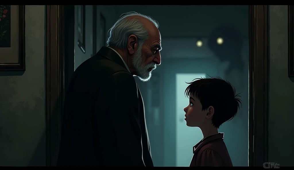 The boy and an older , Felipe, sit in a shadowy corner of the house. Felipe looks serious, warning the boy, while faint shadows and unsettling shapes seem to linger in the background.

