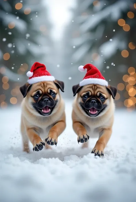   Two pug pug puppies are happily running through the snow. Theyre wearing a Christmas hat . It&#39;s snowing. There are trees with Christmas lights . undefined, 