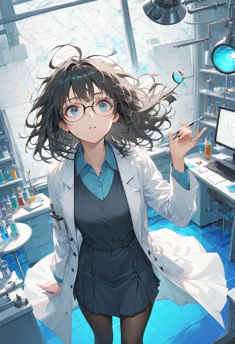 Masterpiece, high quality, high resolution, 16K, Makoto Shinkai illustration, detailed background, hyperrealistic, digital painting, beautiful face, long eyelashes, fair skin, big eyes, glasses, full body, long black hair, shaggy hair, stupid hair, beautif...