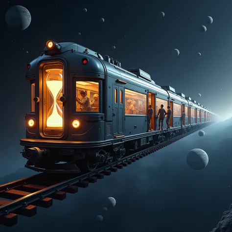 Time-Traveling Train, hourglass, clock. Depicting a time train traveling in outer space, surrounded by the vast universe and floating celestial bodies, the carriage may be equipped with advanced technology equipment, and passengers wearing spacesuits, prep...