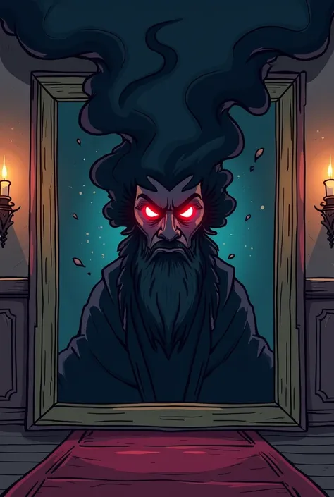 Black smoke emanating from the Zamindar’s portrait, swirling to form the figure of the Zamindar with glowing red eyes. cartoon type image 
