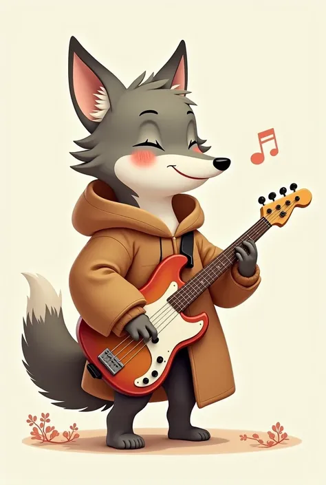 A cute wolf playing guitar Bass wearing coat
