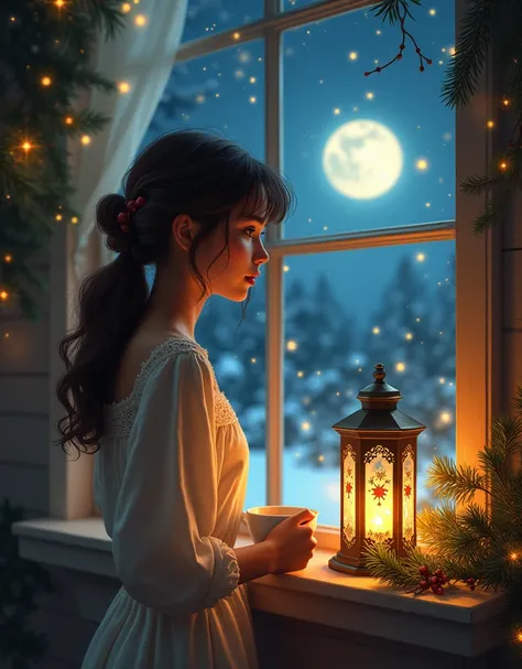 close up of a cute girl stand inside on a window, on the windowsill stand only one Cottagecore Lanterns With Floral Christmas decoration, a cup of coffee, night, moon, candles, detailed painting, view from inside,art by Thomas Kinkade digital art, Jean-Bap...