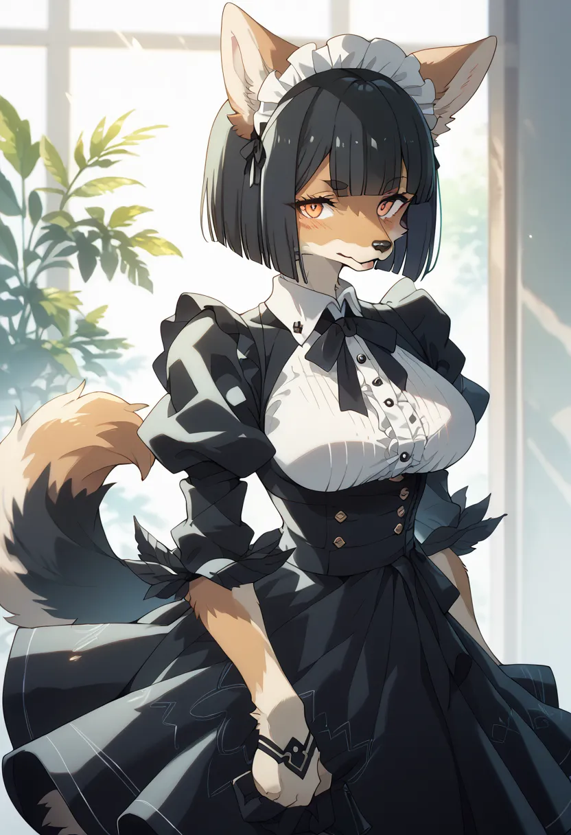 masterpiece, high definition , best quality,8k
((pitch black fur,furry,kemono,fluffy fur,dog girl))
( black hair,waist-length ha...