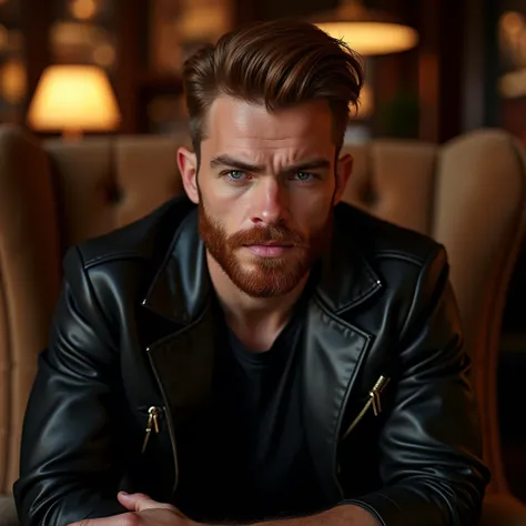 ATTRACTIVE 30-year-old man , bearded , rubio,  wears a black shirt and leather jacket . He has an arrogant expression .  In the background on a luxurious seat in a bar