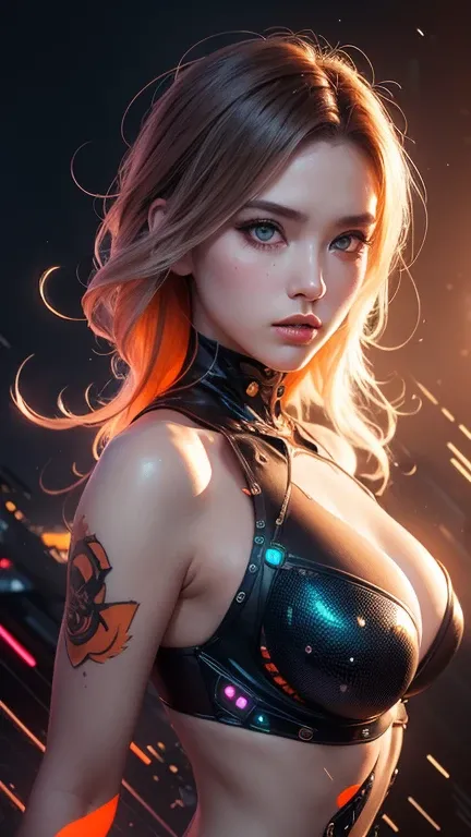 A hyperrealistic woman in the style of punk manga, her design blending luminous orange, ethereal light gray, and vibrant orange tones. Her vintage features radiate an otherworldly presence, with intricate mechanical details glowing softly under dynamic neo...