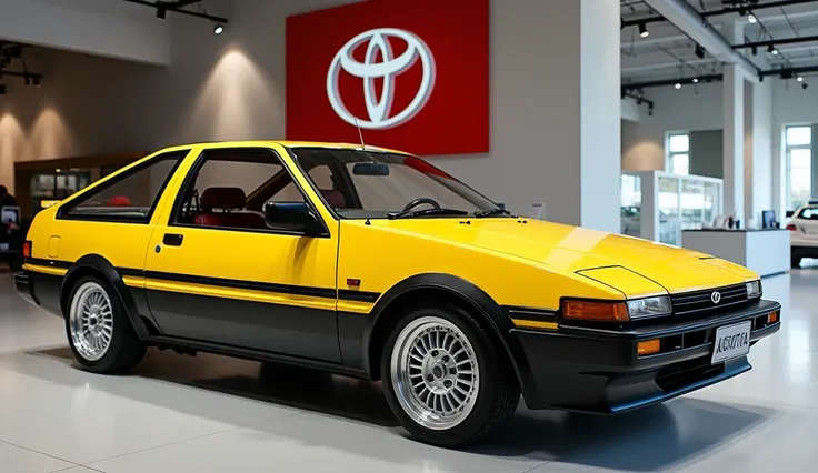 Generate a Realistic images of  1984 Toyota Corolla AE86  yellow colour with silver rim  left view with car showroom background with wall big logo of  toyota