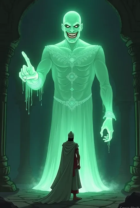 The Zamindar’s ghostly figure, glowing faint green, pointing ominously at Rana with a menacing smile. cartoon type image 
