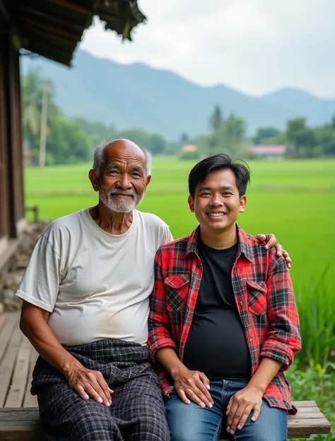  Photography of a 60-year-old Indonesian grandfather , bald and slightly gray hair ,  wears a dull white t-shirt ,  wears a dull black plaid print sarong .  are sitting on a wooden bench with a 25-year-old Indonesian handsome man, the big belly looks like ...