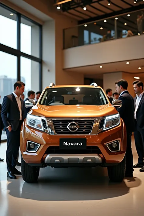 Nissan Navara 2025 in lite brown colour at the showroom with monogram and names of the model left side view the men standing around the car with well dress view at the showroom 