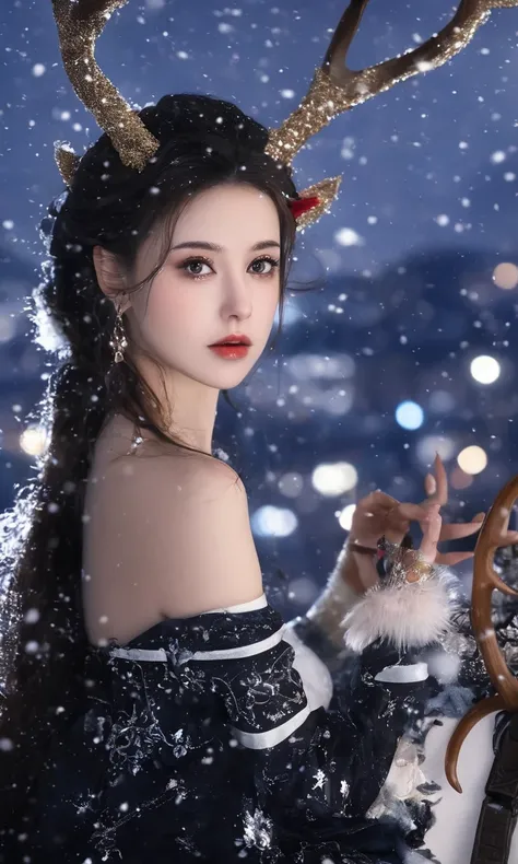 1girl,black christmas,bare shoulders,antlers,(cowboy shot close-up),standing,exquisite eyes,night,cityscape,snowing,striped stockings,elegant posture,(an extremely delicate and beautiful),(best quality),((masterpiece)),intricate detail,(masterpiece, high q...