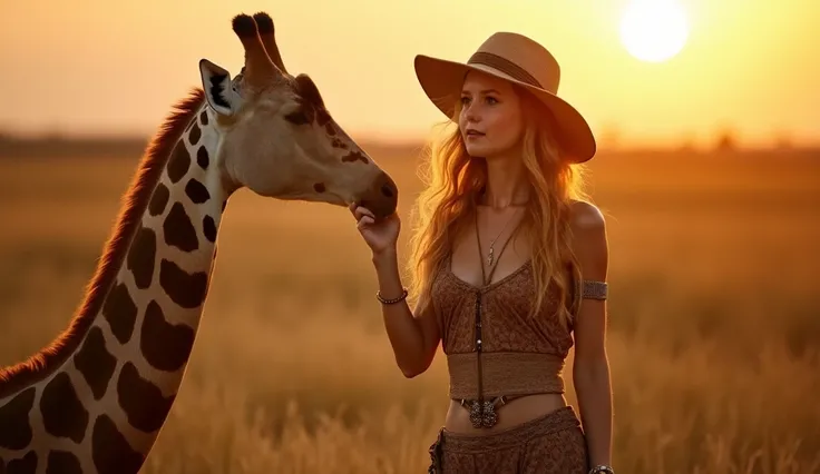 girl 25 years old, Darling,  Beautiful,  hunter girl with a dense build , hair is long yellow {x}   in an openwork African suit with bandages. with a slight smile, hand-feeds a giraffe at sunset 