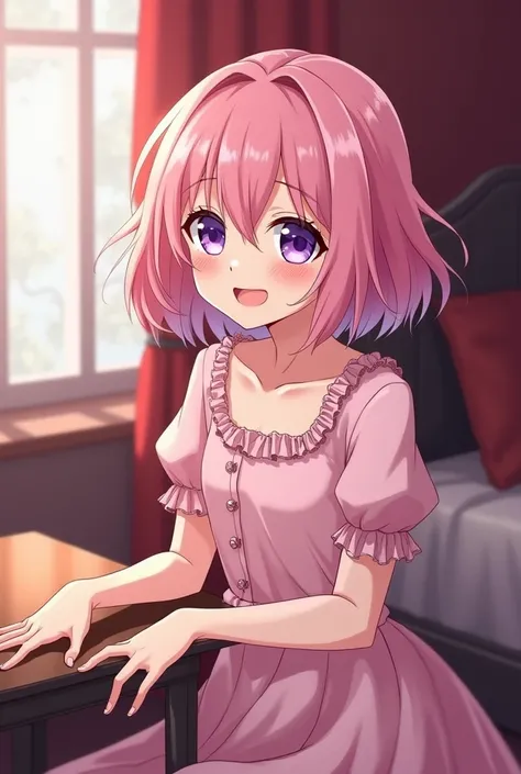 anime art. Girl with purple eyes. short, slightly wavy pink hair.  the soft pink dress .  is in the pink and red bed bedroom.  sitting at a table. 19th century style room 