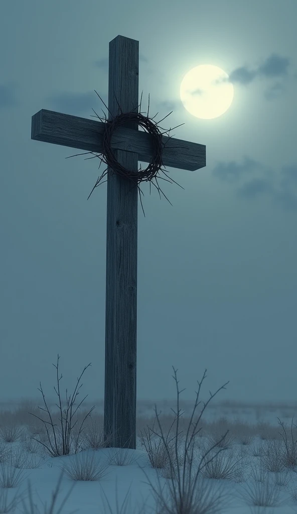 A dark, wooden cross with a crown of thorns hanging on its arm, softly illuminated by a pale moonlight. The backdrop is an empty, snowy field under a clouded night sky.

