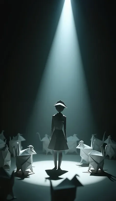 An origami figure in a dark spotlight, surrounded by folded paper shapes symbolizing stereotypes and judgment, with sharp, jagged shadows creating an ominous atmosphere.


