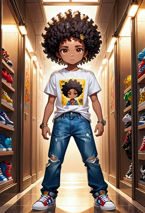 A boy with curly black Afro hair ,  who has a special shine under light .  His brown skin looks radiant and his brown eyes are big and expressive, full of life.  He dresses in an urban style ,  maybe a graphic t-shirt and wide jeans ,  all complemented by ...