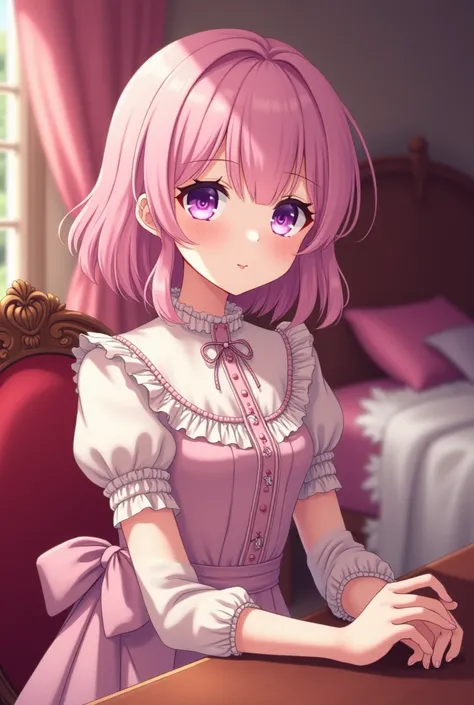 anime art. Girl with purple eyes. short, slightly wavy pink hair.  the soft pink dress .  is in the pink and red bed bedroom.  sitting at a table. 19th century style room . Adult girl 25 years old 