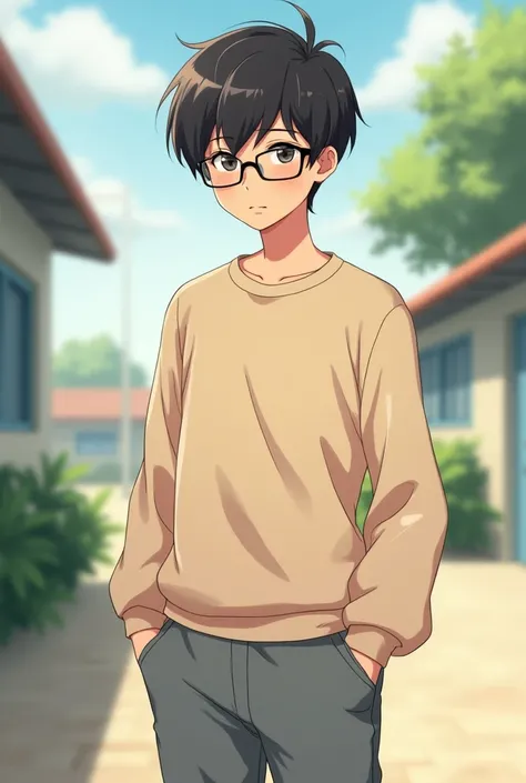  male adolescent 
 light brown skin , Very short dark hair ,  wearing square glasses and wearing a light beige loose fitting blouse and gray sweatpants. She is at school anime style 