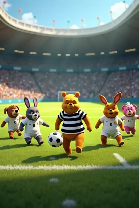 Winnie the Pooh wearing black and white striped soccer jerseys with more people wearing white striped soccer jerseys on a realistic soccer field