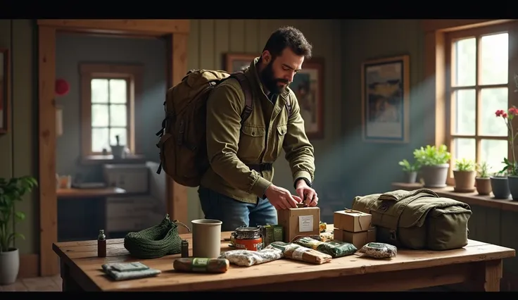 living room scene, a table with some equipment such as, stove, water bottle, rope, folded tarpaulin, small first aid bag and mre ration packs, a man putting survival equipment in his backpack