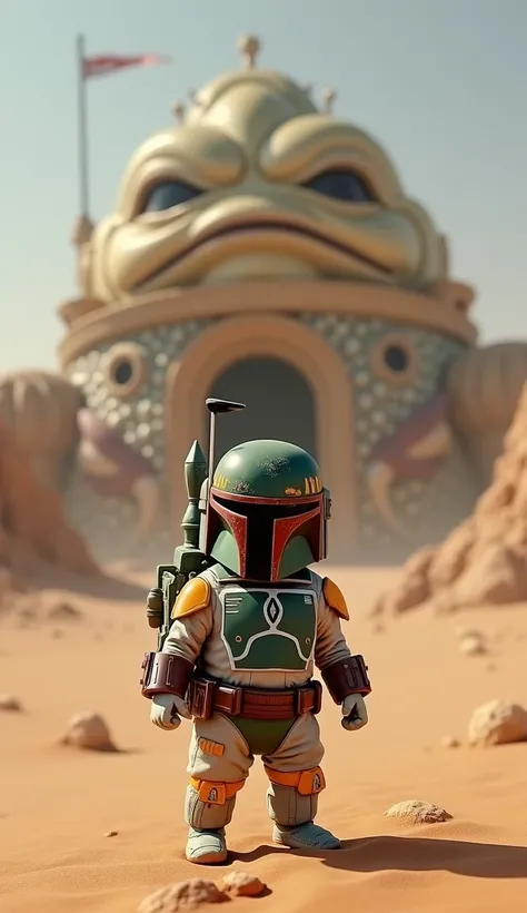  A baby dressed as a tiny Boba Fett, standing in front of Jabba the Hutts palace, with the harsh desert landscape of Tatooine surrounding them