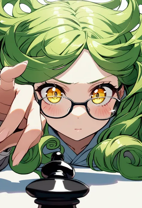 girl, teenager, beautiful, high detail, curly hair, long hair, playing chess, arm cross, glasses, green hair, yellow eyes, frontface