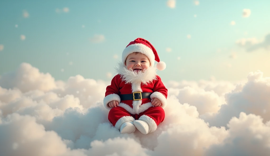 generate photo of baby dressed as santa claus smiling and happy sitting on clouds