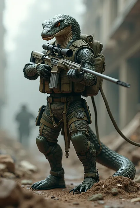 It will have a humanoid image of a naja snake carrying a sniper rifle ready for use and wearing military clothing in a war.
generate more images