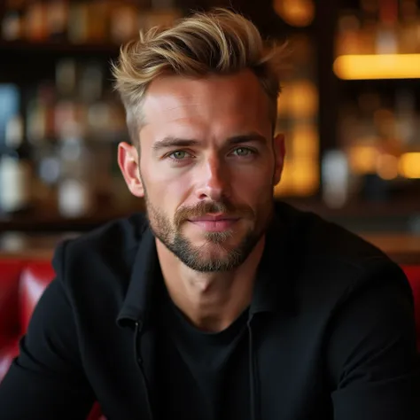  Attractive and elegant 27-year-old man , with a well-groomed beard , blonde hair,  green eyes, Wear a black shirt and casual coat.  Arrogant expression with a slight smile.  In the background on a luxurious seat in a bar