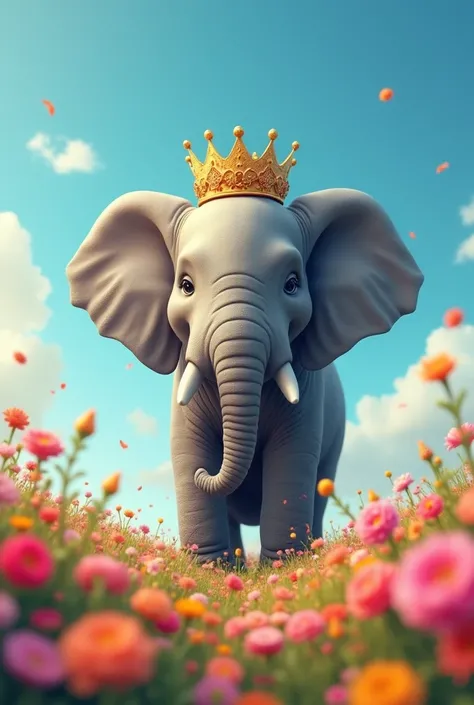 Flower Field、elephant wearing a crown、blue sky、cute、