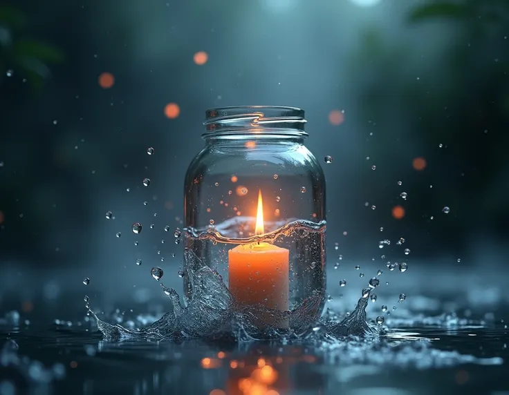  A jar with a burning candle and water inside ,  with drops of water floating around to represent the storm