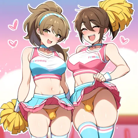 femboy, crossdressing, crossdressing male, feminine male, beautiful femboy, girly, cheerleader, fake chest, choker, shoulder straps, large chest, microskirt, dick bulge, cheerful expression, brown hair, ponytail, skirt lift,