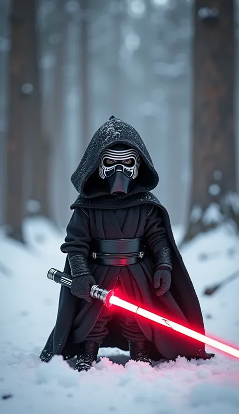  A baby dressed as a miniature Kylo Ren, with a cracked red lightsaber, standing dramatically in the snowy forest of Starkiller Base