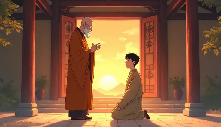  The elderly master monk, bald and with a warm smile, stands tall as he speaks wisely to the 25-year-old young monk man. The young monk kneels before him, his short black hair neatly combed and his youthful face showing deep thought. His beige robes are si...