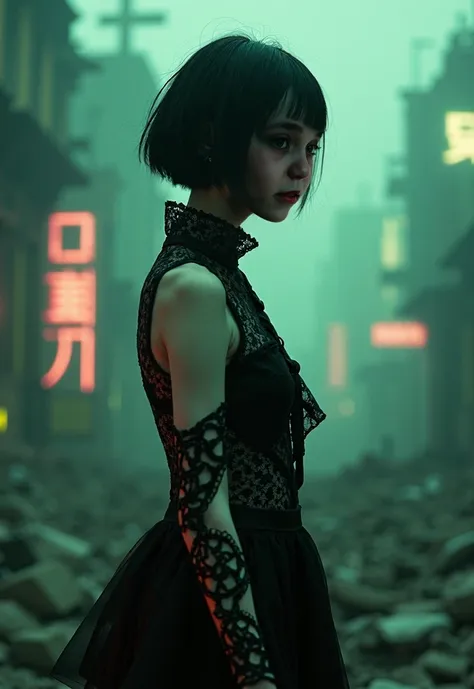 1 girl, (avant-garde fashion model:1.3), (short black hair:1.2), (bare face with porcelain skin), (lace dress:1.3), asymmetric design, high collar, geometric patterns, cinematic background of a decaying urban skyline, ruins softened by fog and diffused neo...