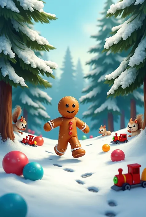 A gingerbread man is running through soft snow in a forest filled with tall pine trees,  with snow accumulated on the branches .  Colourful toys are scattered around ,  like balls , trains and dolls .  Curious little squirrels peek out from behind the tree...