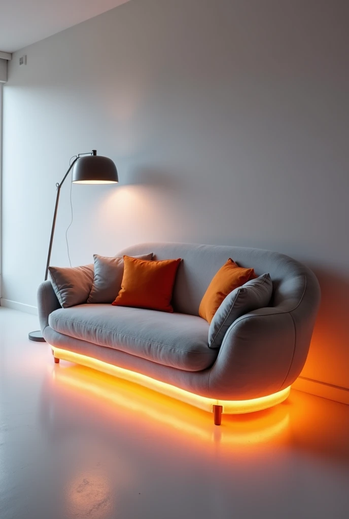 Here is a detailed prompt to create the first part of the image:

"A modern and stylish sofa with a futuristic design, featuring a plush, curved shape upholstered in soft grey fabric. The sofa is illuminated by a vibrant, glowing orange LED light strip tha...