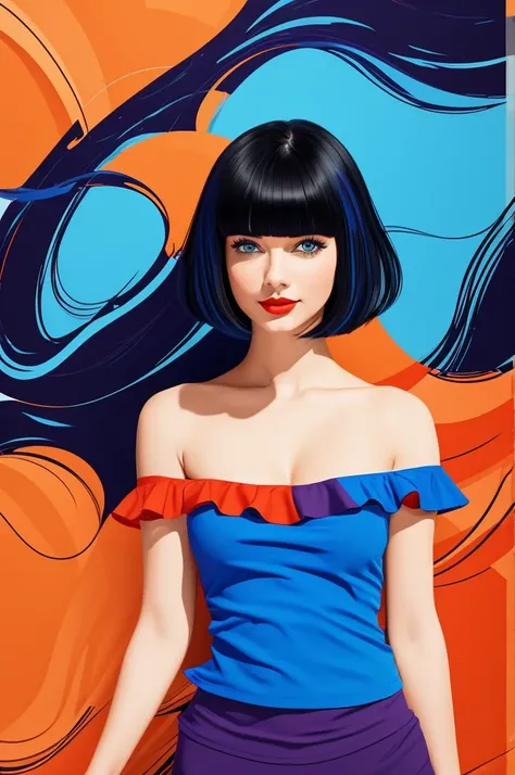 Create a flat illustration of a realistic female character with a black bob cut, striking blue eyes, and red lips. An orange ruffle off-the-shoulder top, a purple tight pants,bare shoulders. Seductive smile, Surround her with a colorful abstract art backgr...