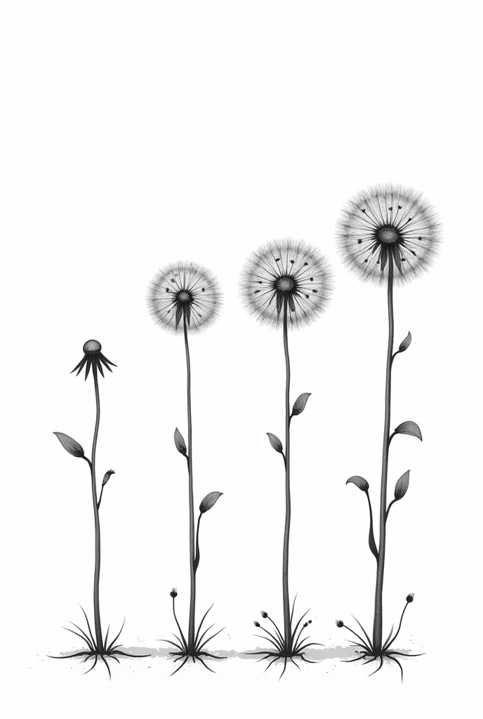  A vector image in black and white , simple line .  With magical details its almost .  4 dandelions separately .  In a straight line , each in a different part of the process.  You should end up with the seed flying .  An ade the flowers have to be when it...