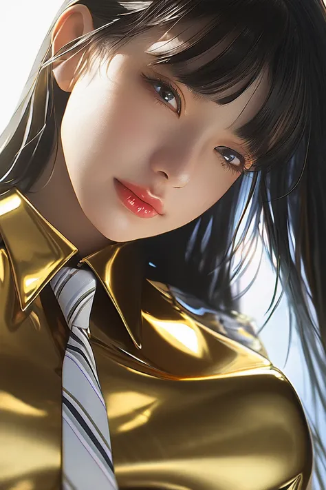  1 girl, in extremely tight shiny golden latex blouse buttoned,  high resolution ,  masterpiece,  very long hair ,  black hair, Lens reflection, Reflected light, portrait, Necktie 