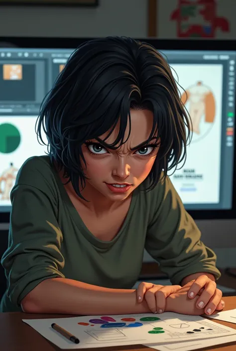 create an image of a woman with short black hair, with an angry face doing visual arts on the computer