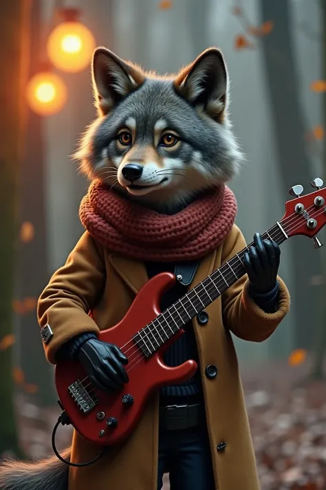 Cute wolf playing guitar Bass wearing coat 