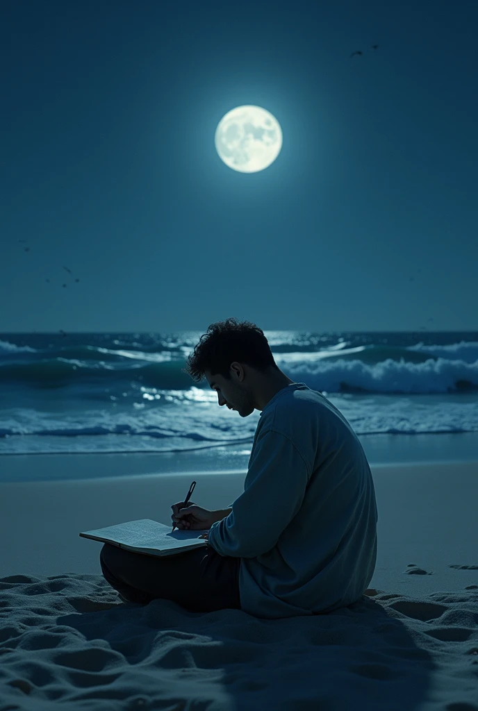 a moonlight night with a sea beach.  A 30 years old man sitting alone and writing poem