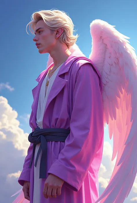  draw the archangel Camael  ( mens) (color image style ) (Sky and clouds background )  and purple and pink clothes