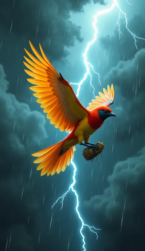 "A colorful bird ,  with vibrant feathers in shades of orange and yellow ,  flying boldly in the midst of a storm .  He has a small bundle attached to his claws ,  defying strong wind and torrential rain .  The background shows dark clouds and lightning , ...